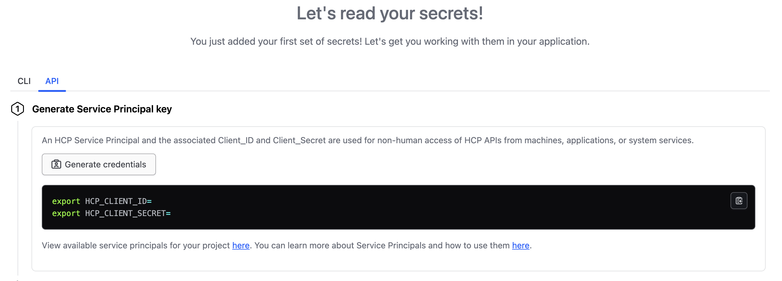 HCP vault secrets credentials
